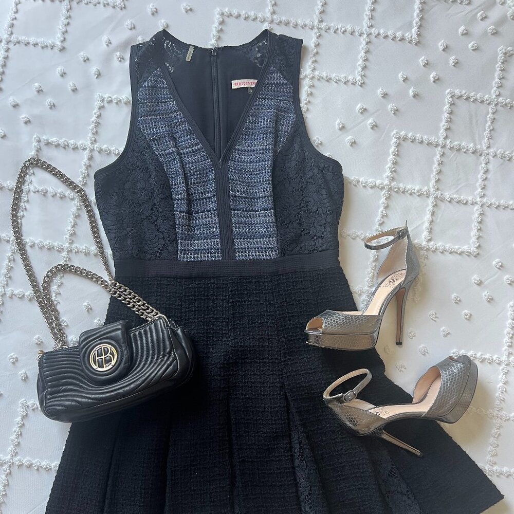 Rebecca Taylor Tweed Navy Womens Floral Lace Dress size 10